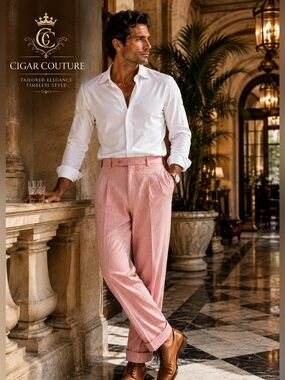Cigar Couture,Coral Pinstripe Pleated Trousers Italy Tailored Luxe Pant,Size 32